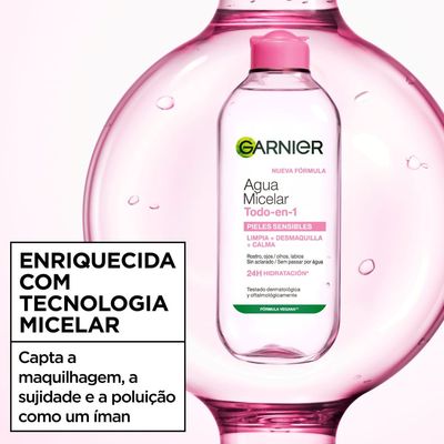 Garnier Água Micelar Tudo em 1: Limpa, remove a maquilhagem, elimina as impurezas e hidrata.